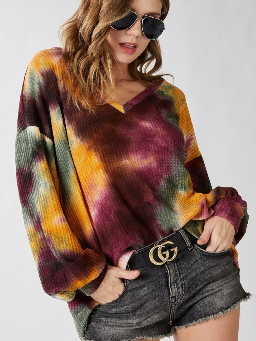Tie Dye Thermal Waffle Knit V Neck
